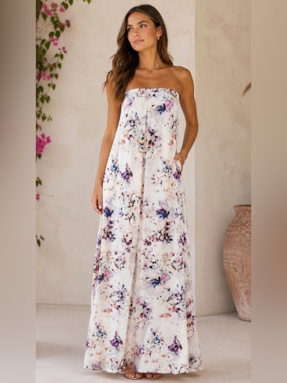 Show Me Your Mumu White Satin Floral Strapless Sirene Maxi Dress EUC S #2644